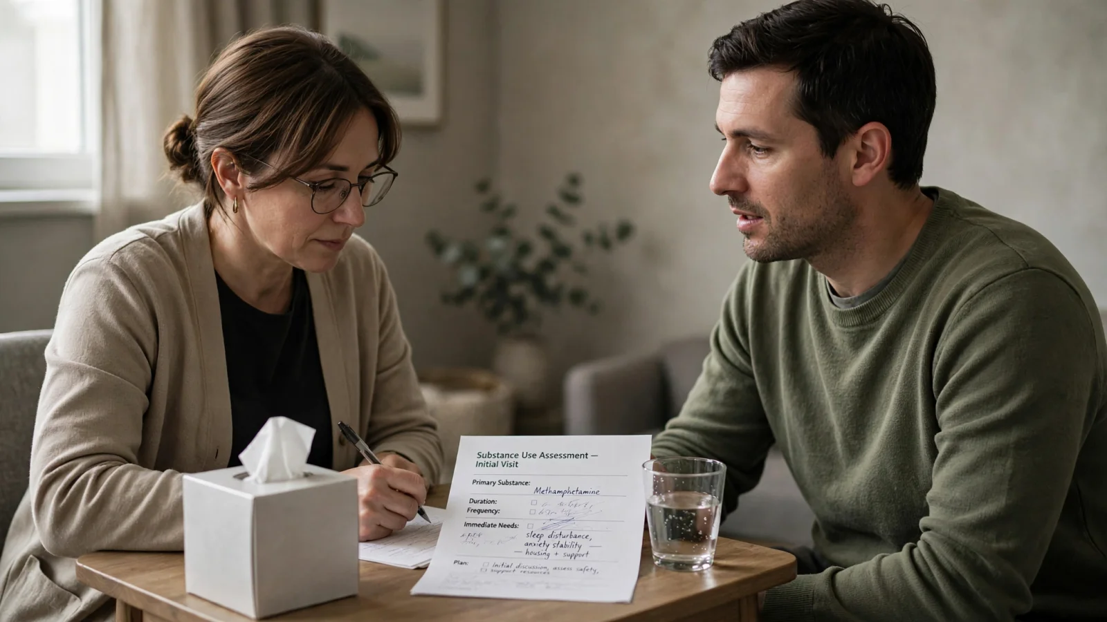 An adult speaking privately with an addiction clinician in a calm outpatient office, capturing assessment as a collaborative conversation.