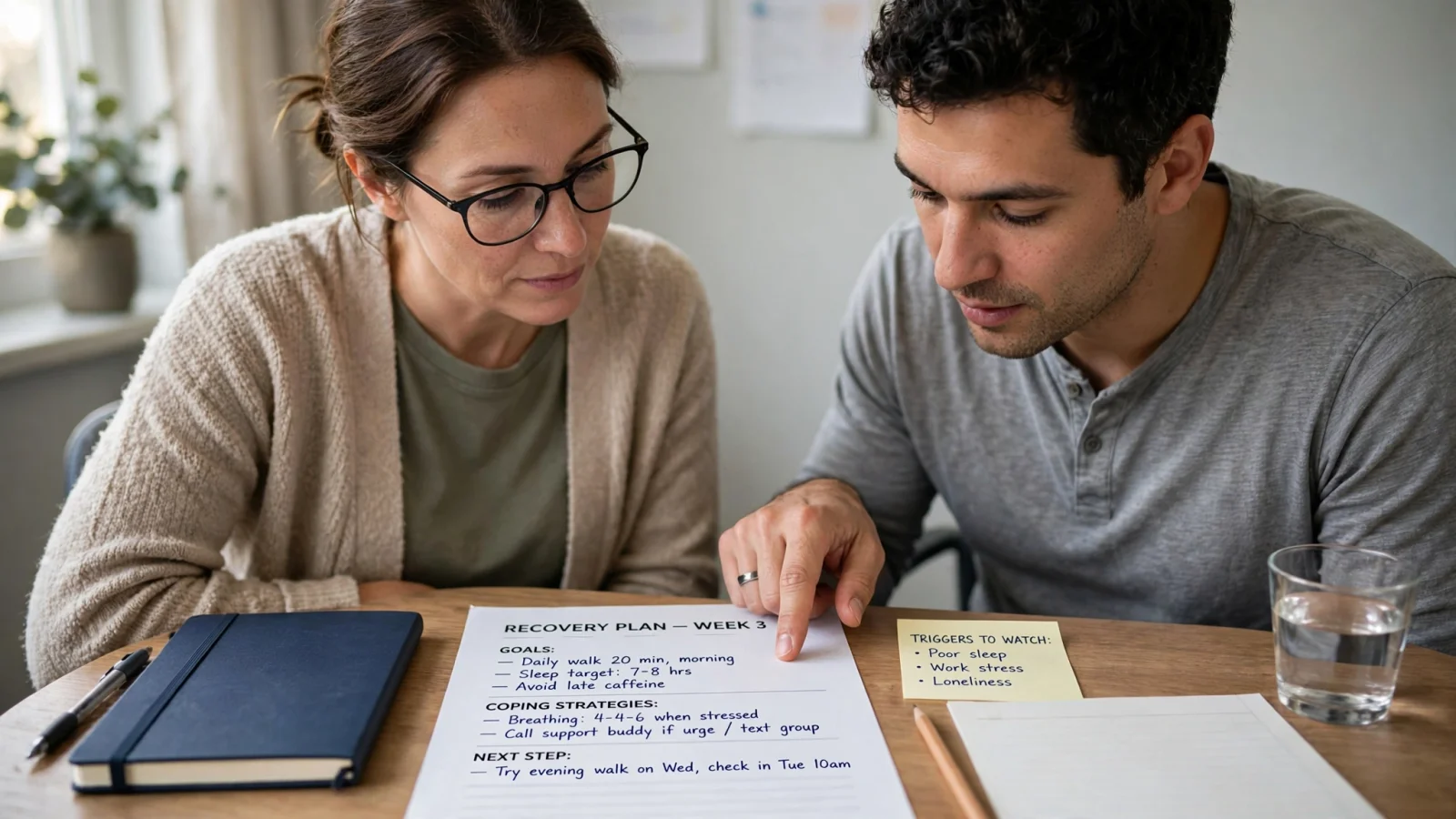 A counselor and client side by side reviewing an individualized recovery plan, illustrating supportive behavioral care rather than a one-size-fits-all program.