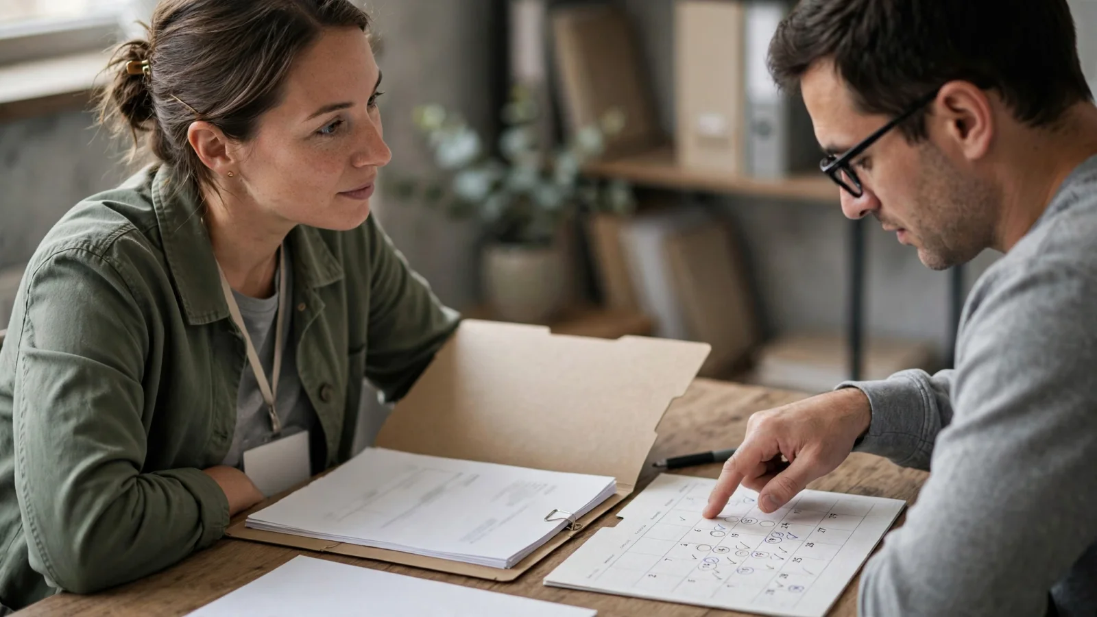 A client and care coordinator discussing a possible transition from residential treatment to outpatient IOP, with a calendar suggesting planned follow-up.