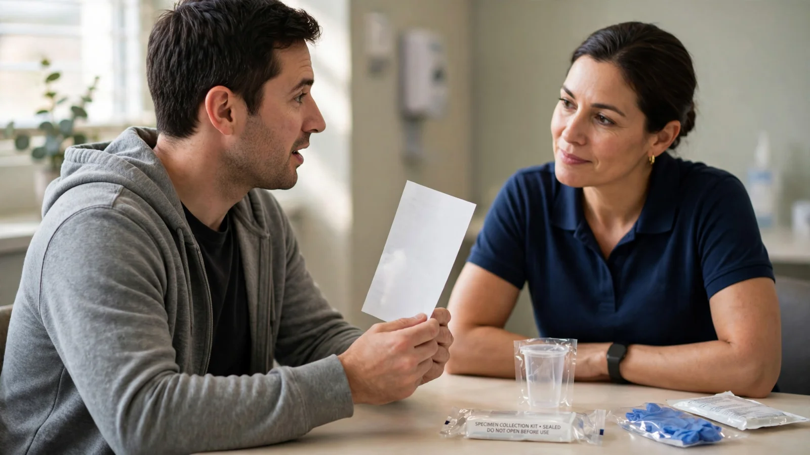 A person talking with a testing professional while showing a short medication list, emphasizing clear disclosure and questions before a urine drug screen; no readable text or logos.