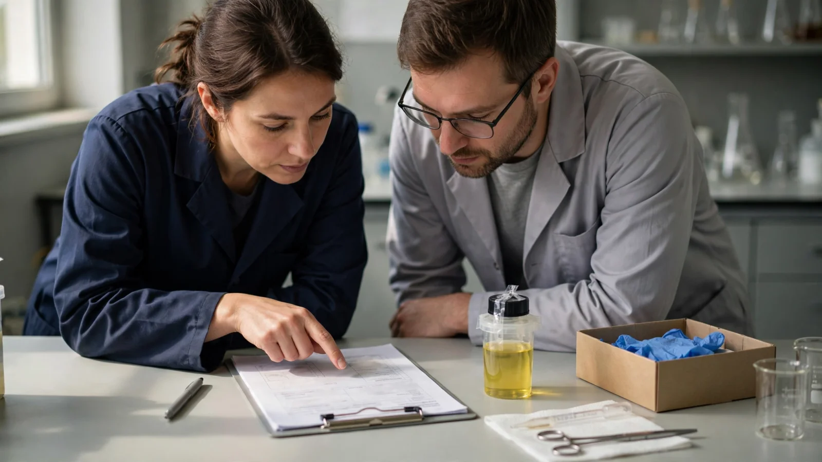 A laboratory professional reviewing an initial urine drug-screen result with a colleague at a workbench, conveying careful follow-up rather than a snap judgment; no readable text or logos.