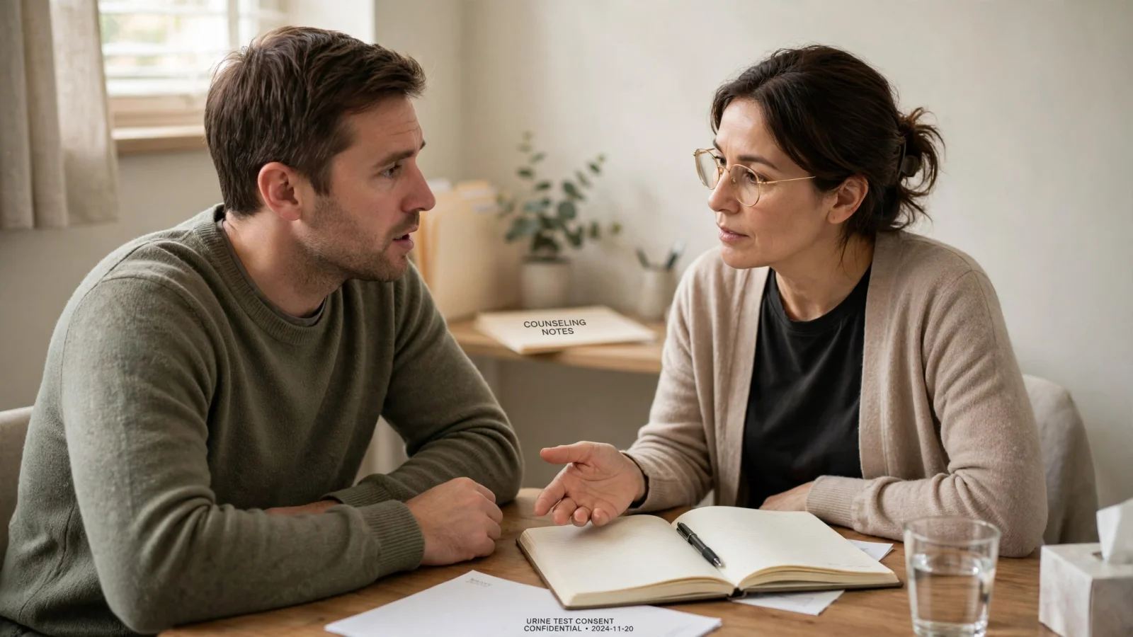 An adult speaking with an addiction counselor in a calm outpatient office, conveying a supportive route into assessment and care; no readable text or logos.