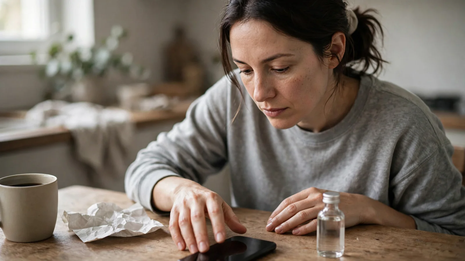 For the shame-and-coping section, show an adult pausing at a kitchen table after a setback, with an unopened unbranded alcohol container nearby and a hand reaching for a phone.