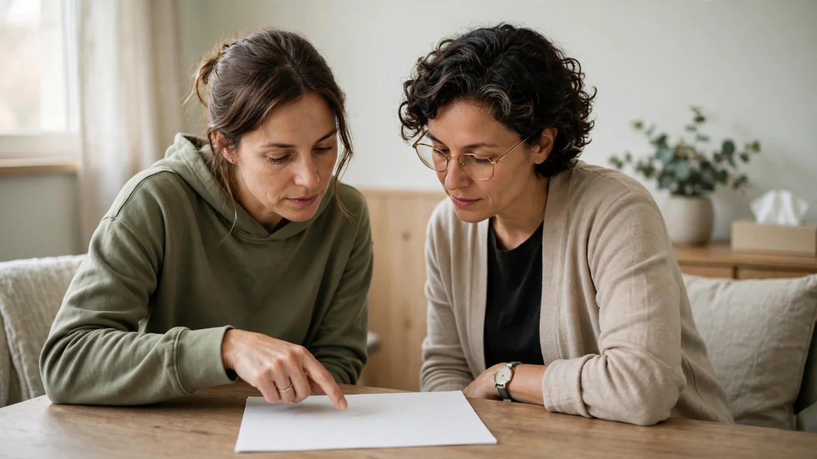 For the treatment section, show an adult and clinician side by side in an outpatient room, collaboratively reviewing a blank sheet of paper with calm, nonjudgmental body language.
