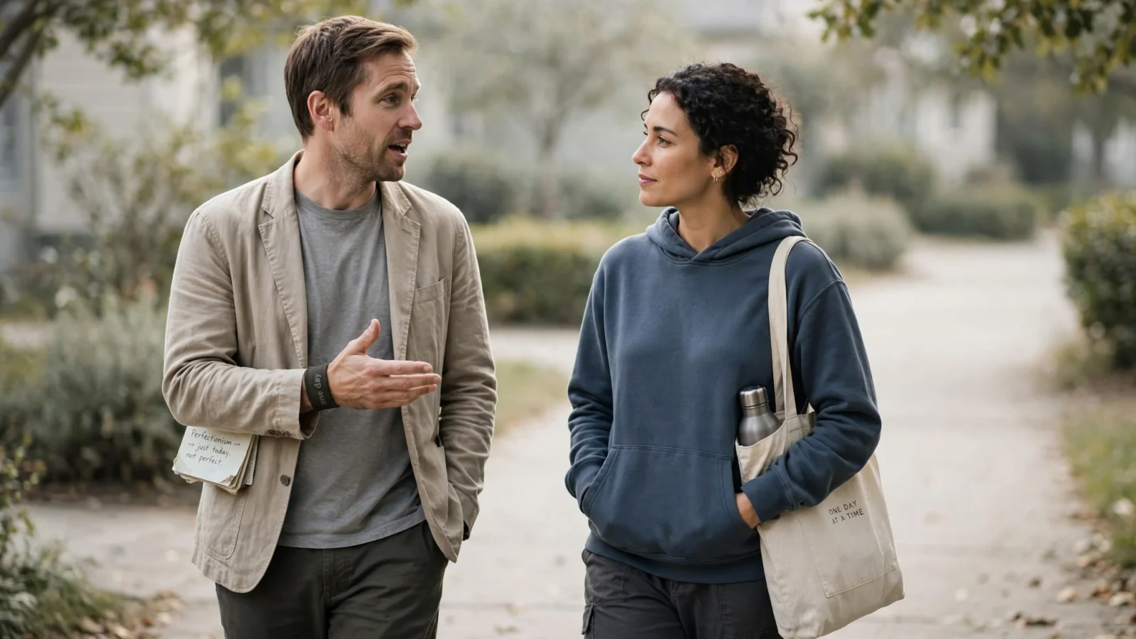 For the family section, show two adults on a quiet walk, one listening attentively as the other talks, conveying support without pressure.