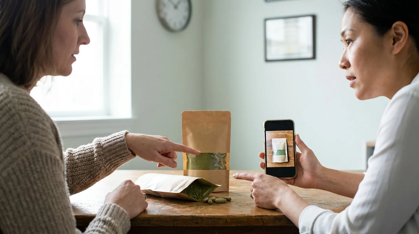 A clinician and an adult client review an unbranded product package and a phone photo in a calm outpatient office, emphasizing careful assessment over assumptions.