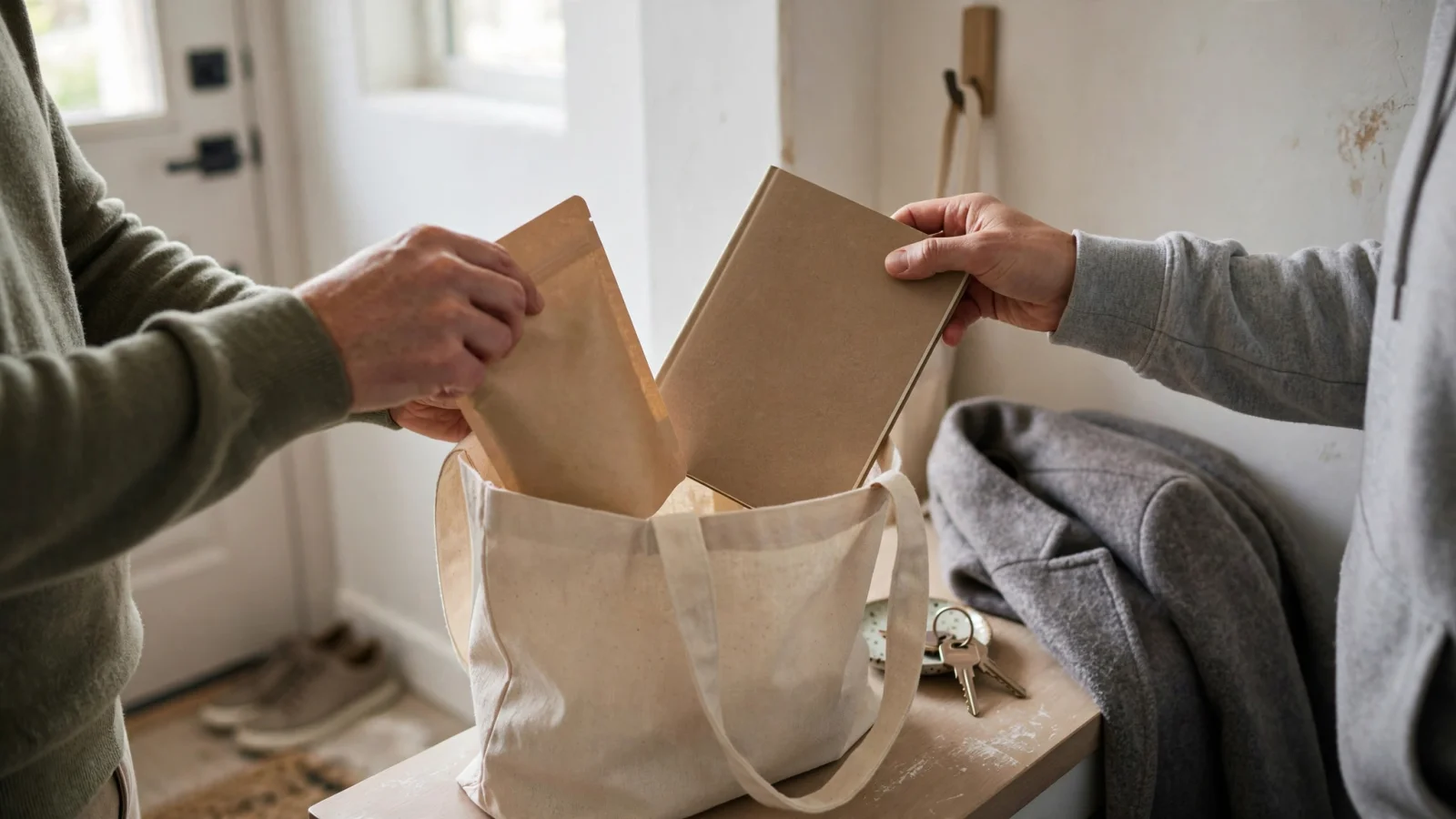 A person and a supportive family member calmly gather unbranded packaging and a blank notebook before an appointment, illustrating practical, nonjudgmental preparation without readable text.