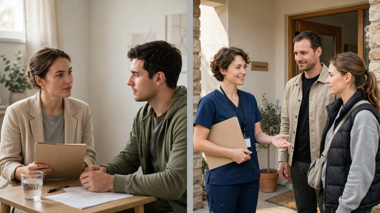 Two distinct scenes—a client meeting an outpatient counselor and a separate care team welcoming someone at a residential center—are linked by a professional handoff, showing that IOP and partner higher care are separate services.
