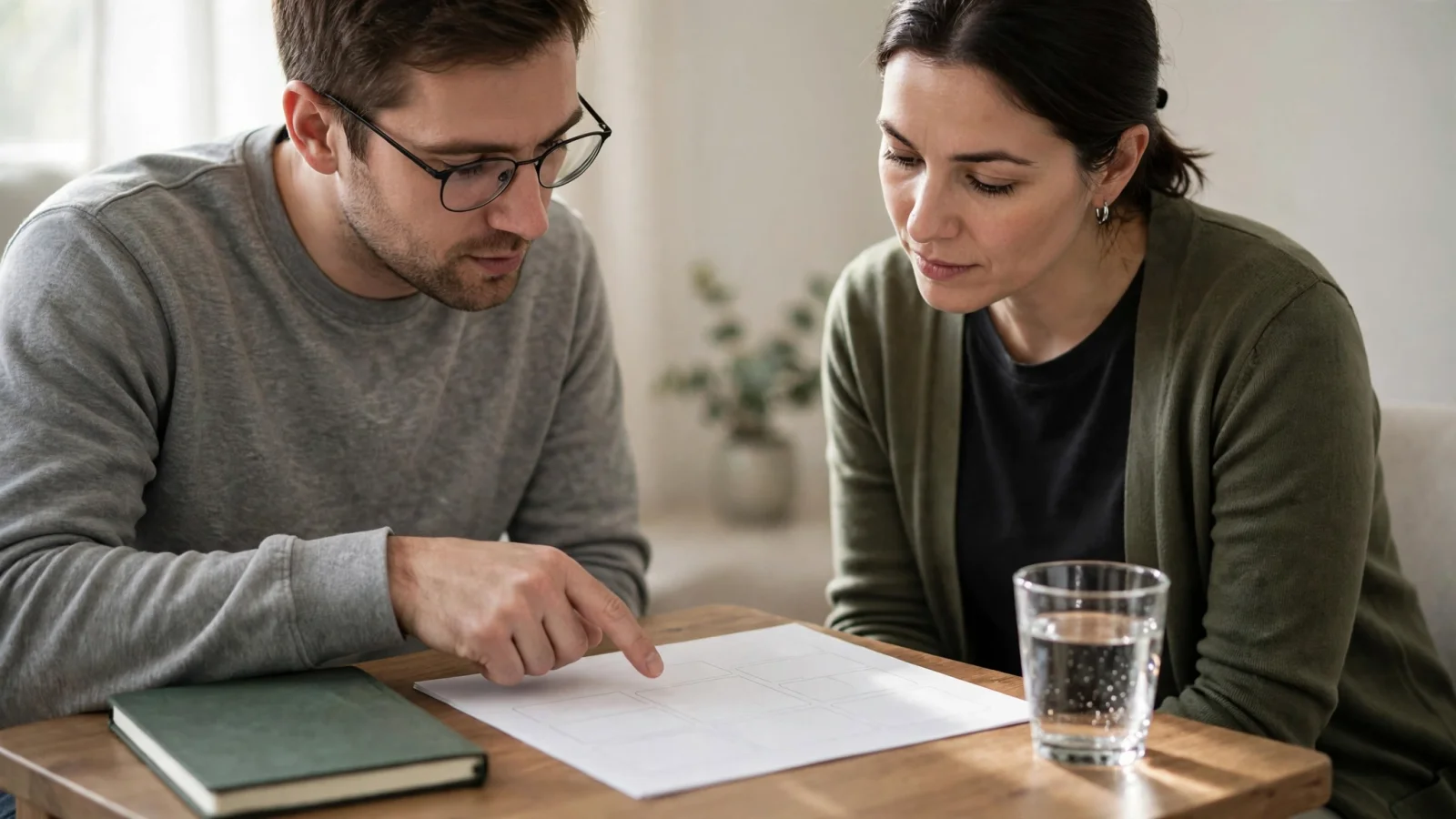 An adult client and clinician in a quiet outpatient room discuss a blank, text-free care plan, conveying individualized attention to substance use and mental health rather than a one-size-fits-all approach.