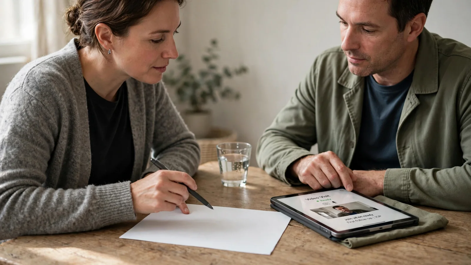 An adult and discharge planner coordinate a first outpatient follow-up at a table, with a telehealth device nearby, illustrating a supported transition after higher care without readable text.