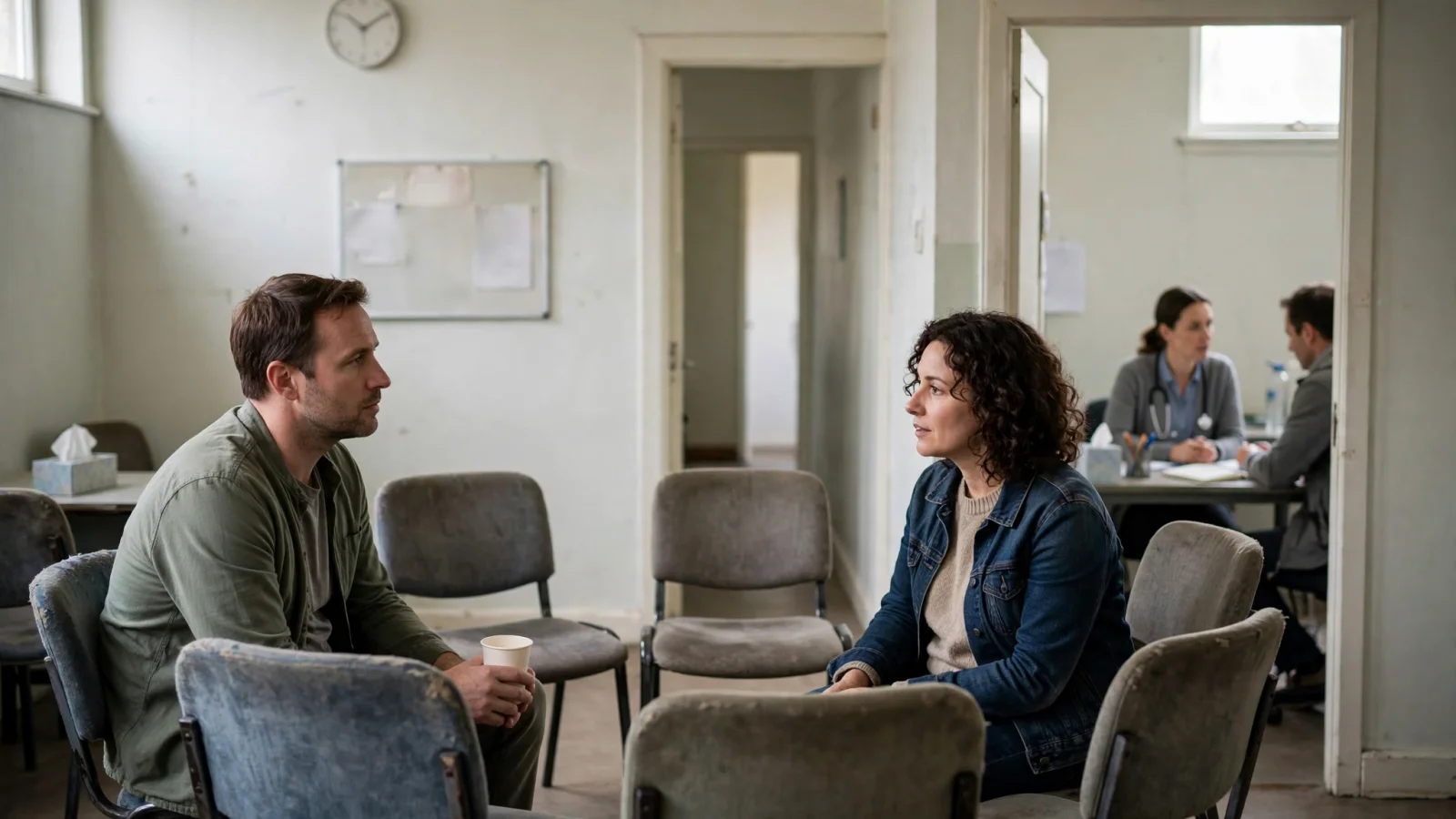 An adult listening in a small peer meeting while a clinician meets another person in a separate office across a hallway, showing distinct but compatible forms of support; no logos or readable text.