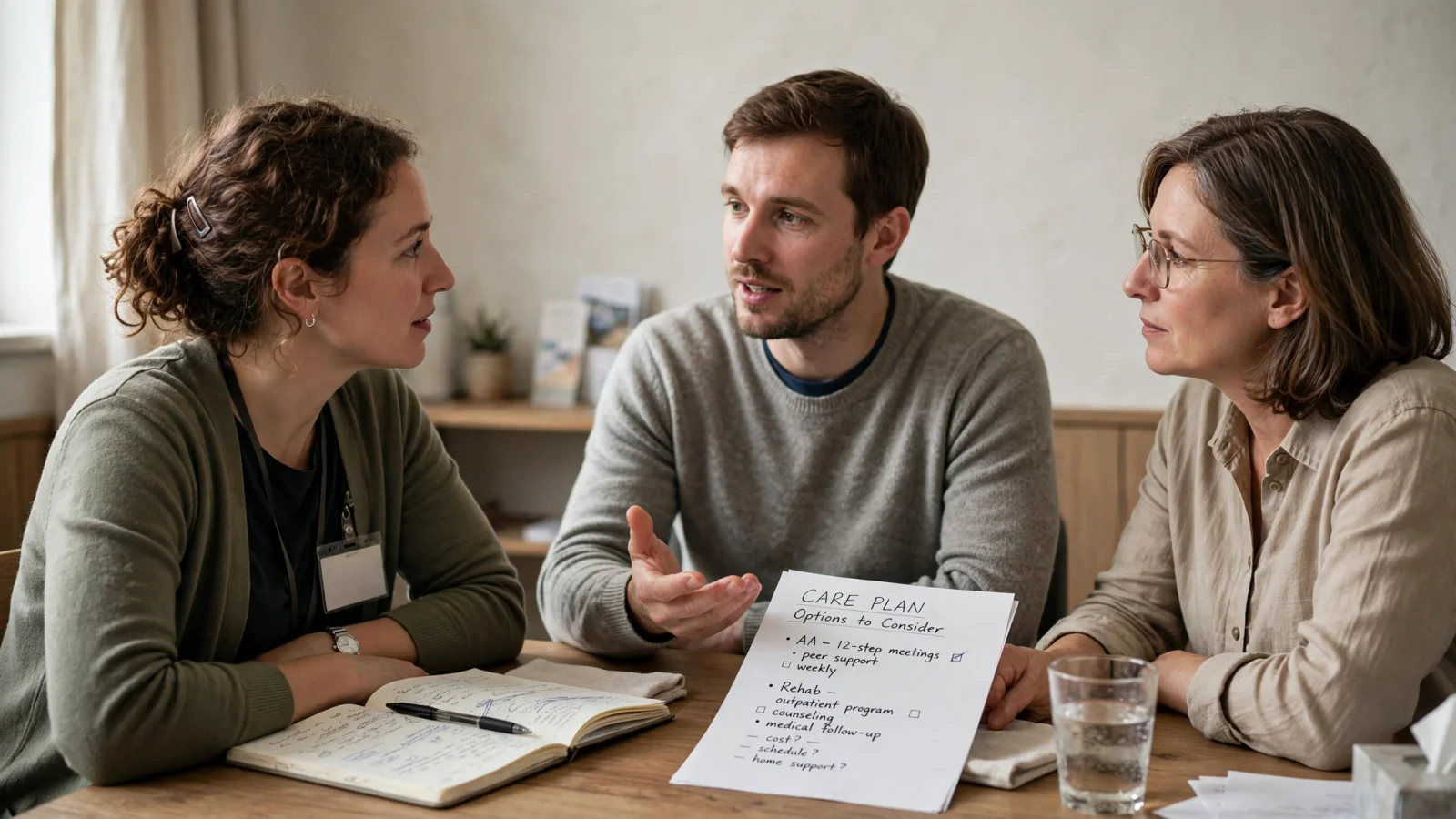 A clinician speaking with an adult and a family member in a calm intake setting, illustrating an individualized discussion about care needs; no readable text.