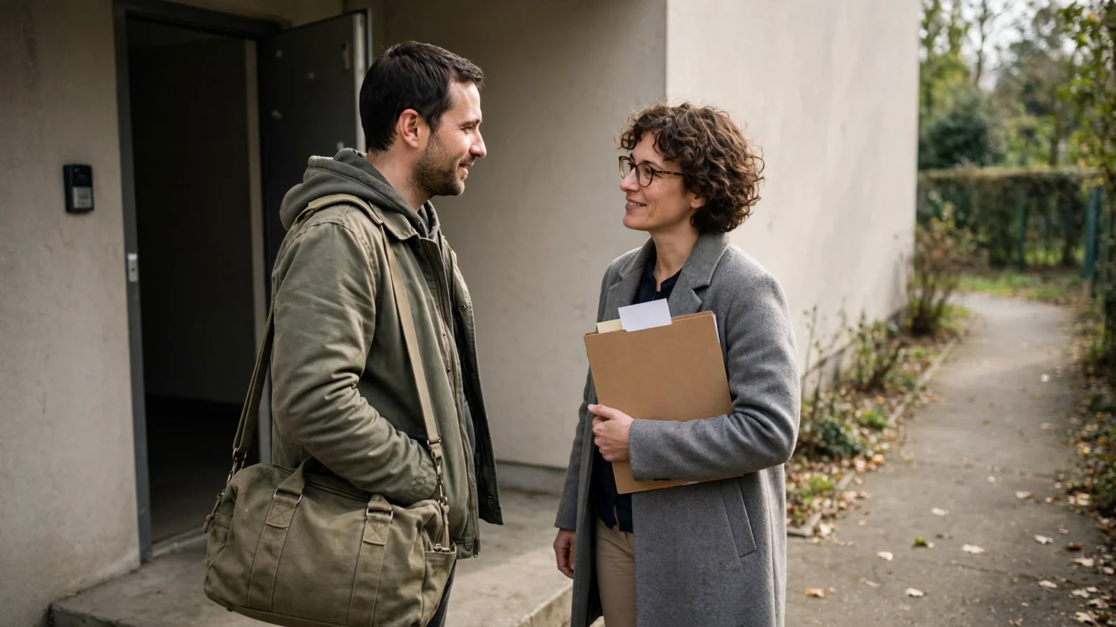 An adult leaving a residential-care setting to meet a peer-support contact before a scheduled outpatient follow-up, suggesting continuity after detox or residential care; no signs or readable text.