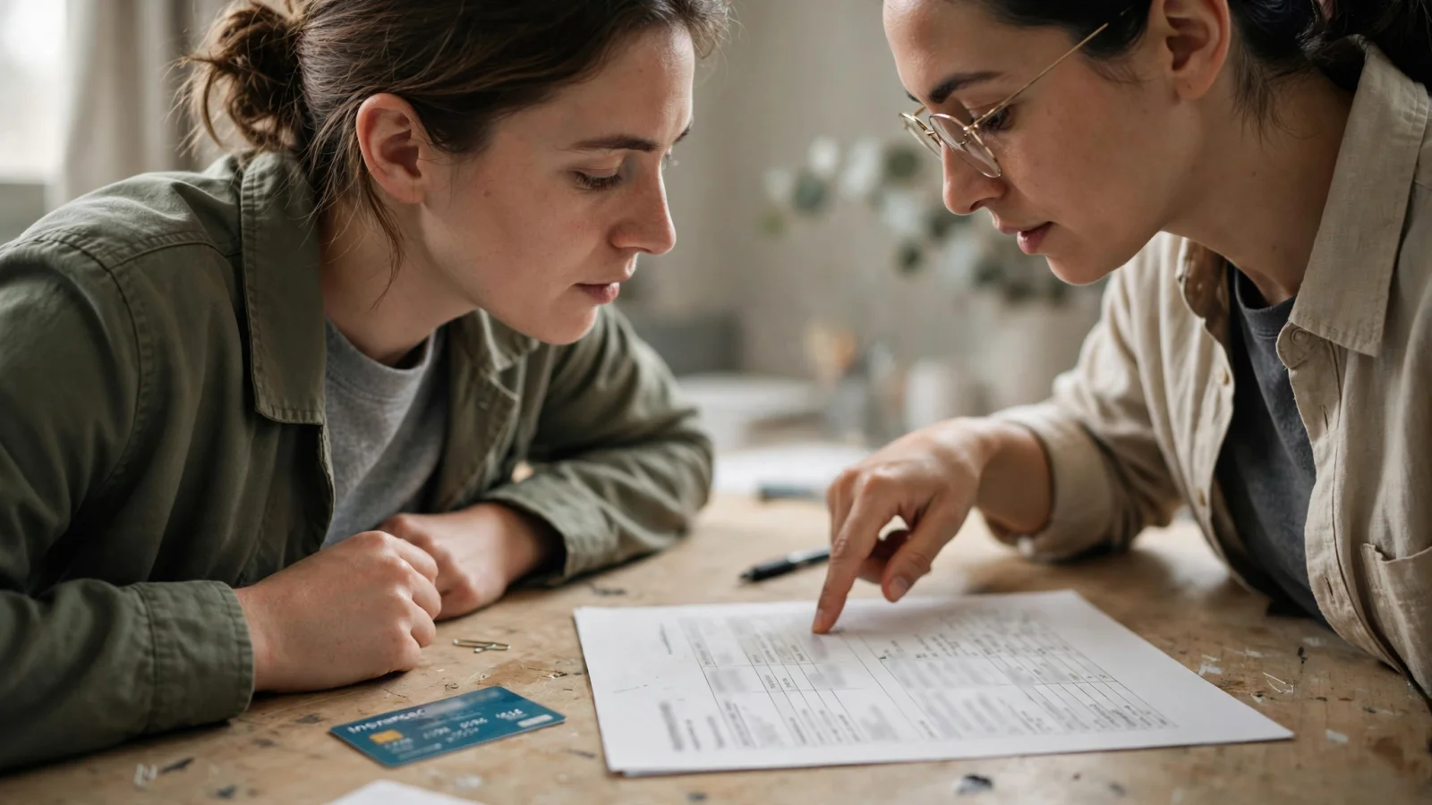 A client and treatment coordinator compare an insurance card with a benefits worksheet at a desk, making the difference between plan coverage and personal cost tangible.