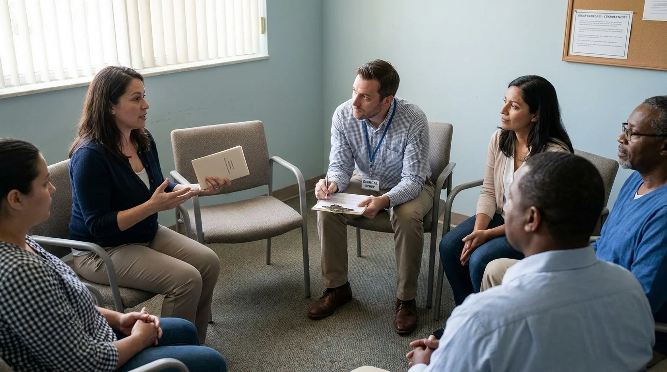 A clinician facilitates a small addiction-recovery IOP group in an outpatient room, showing the structured setting behind the insurance term.