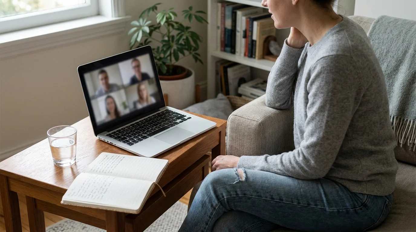 A participant joins a clinician-led recovery group from a private home space, illustrating why telehealth format is worth verifying separately.