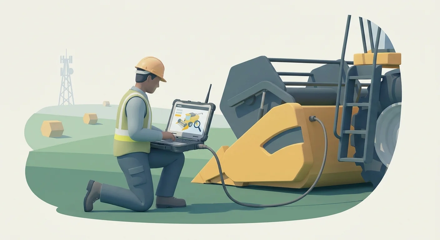 An engineer in a remote agricultural field working offline on a rugged laptop hooked up to a massive piece of heavy farming equipment.