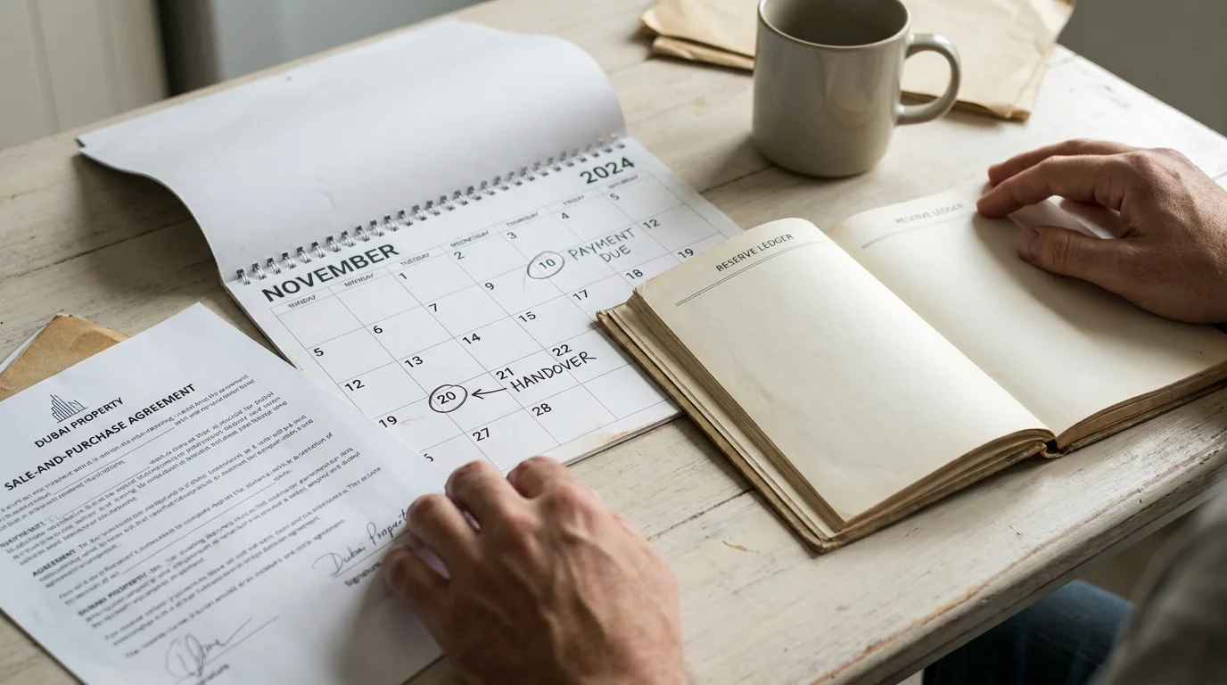 At the payment-calendar section, show an investor at a kitchen table comparing a signed sale-and-purchase agreement, a handover calendar, and a separate reserve ledger, making the timing gap tangible.