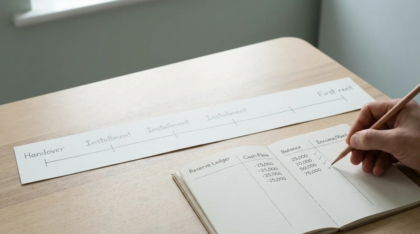 For the worked example, use a clear cash-flow timeline with a handover marker, three installment markers before the first rent marker, and a visibly widening cash gap; label only "Handover," "Installment," and "First rent."