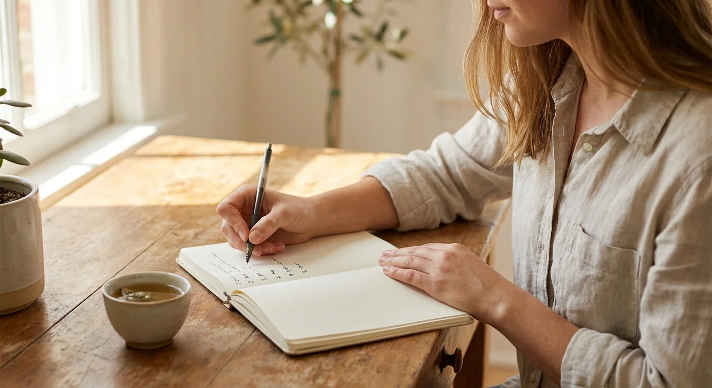 A person sitting at a sunlit desk in the morning, writing attentively in a physical journal to represent the 369 scripting method.