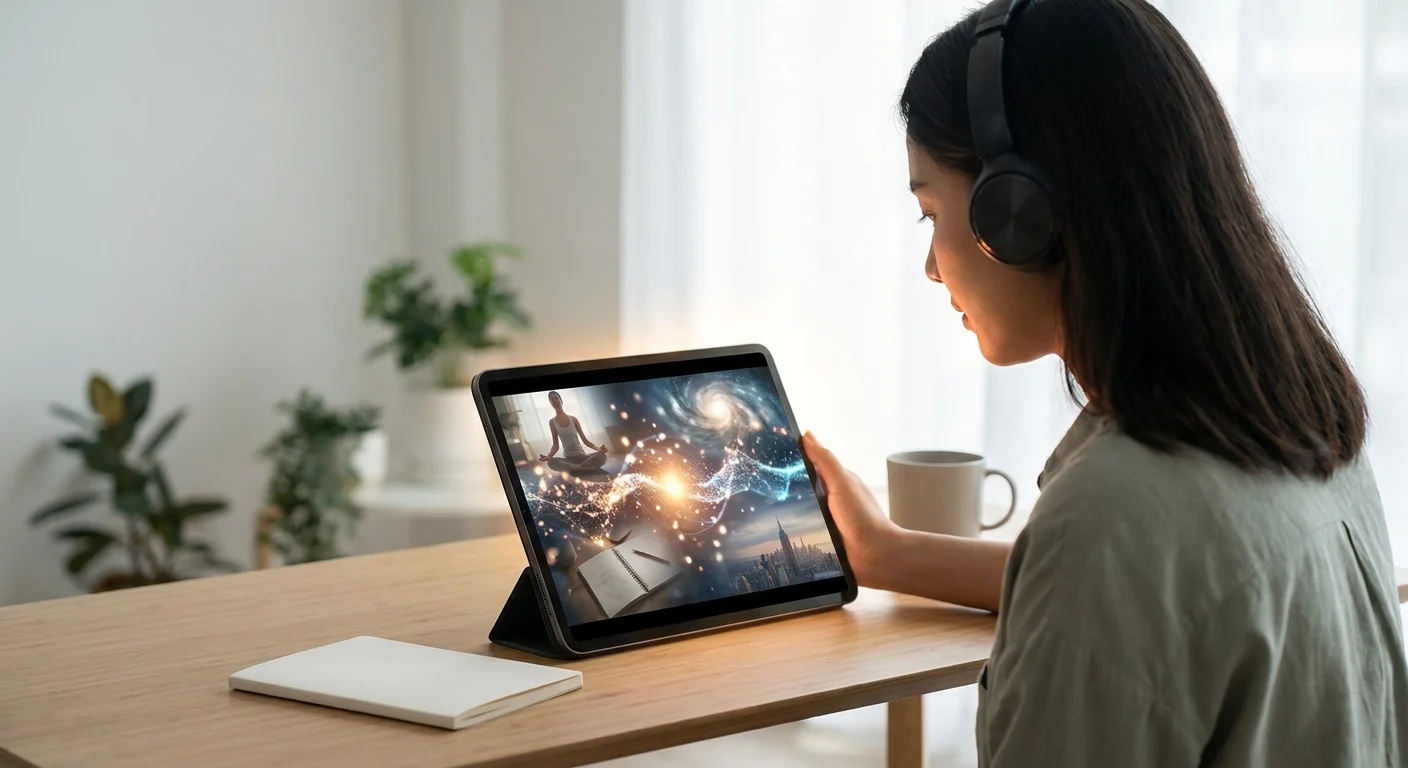 A person wearing headphones while looking at a tablet playing a dynamic, cinematic video montage.