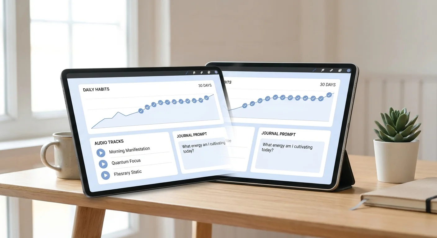A beautifully organized digital dashboard showing habit streaks, audio tracks, and daily journaling prompts.