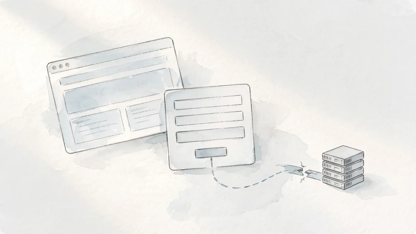 A wide editorial scene showing a visitor whose homepage loads while a contact-form submission fails, with the browser and form in focus and no text.