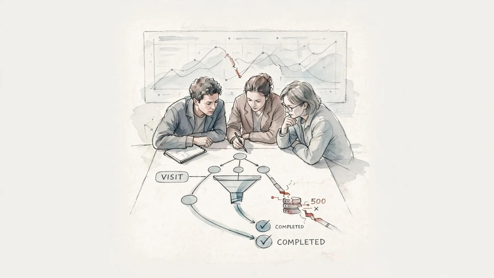 A wide editorial scene of a marketing team examining a signup funnel interrupted by a server error while an abstract dashboard shows affected journeys, with no readable text.