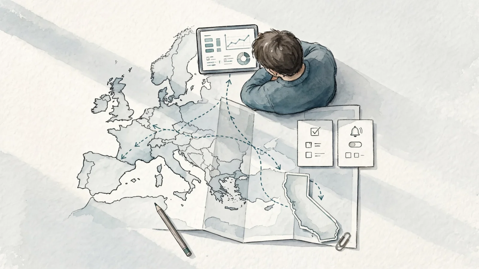 An independent creator at a desk compares two distinct visitor-data paths—one shaped by EU territorial reach and another by California business coverage—while keeping an analytics dashboard in view.
