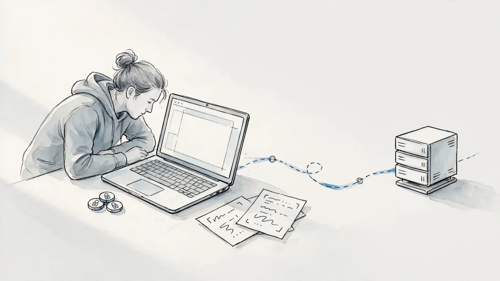 A developer inspects browser storage and site scripts as an event travels to a server, illustrating the difference between device access and personal-data processing.