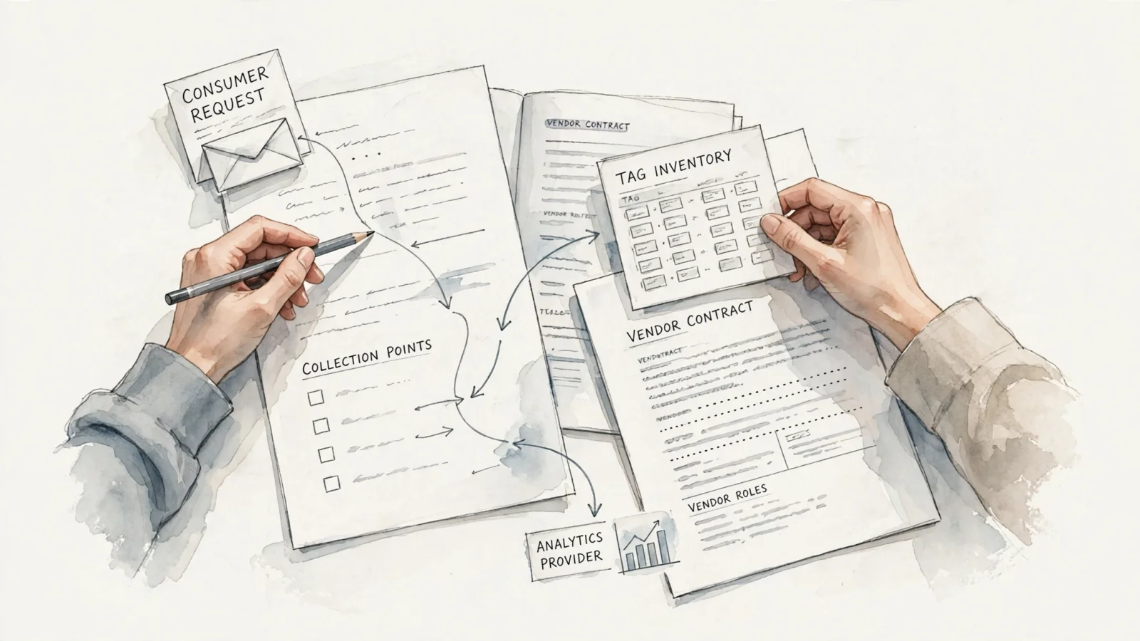 A small agency team reviews an analytics tag inventory and vendor contract while tracing how a consumer request moves through the data flow.