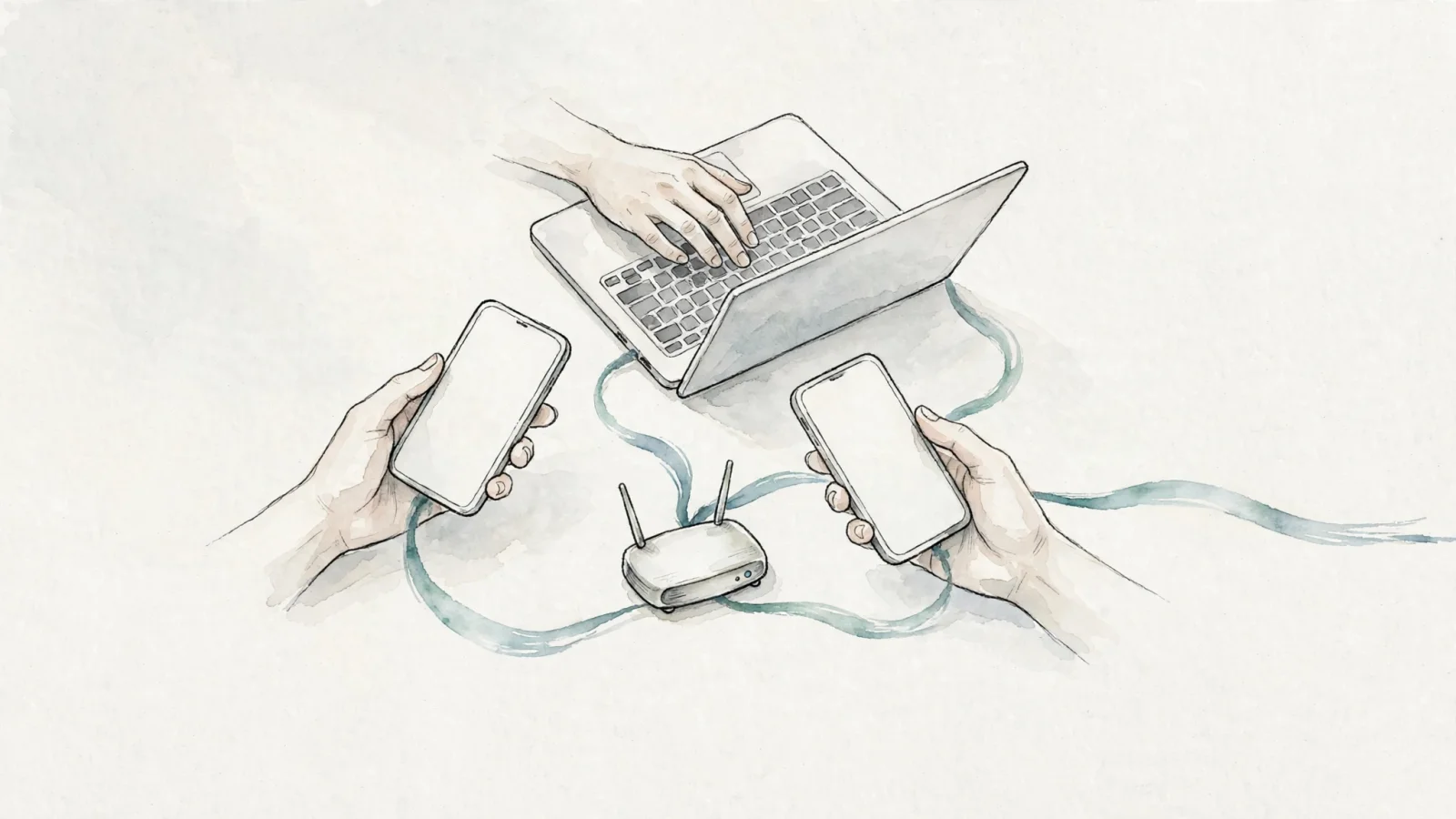 Several people use phones and laptops through one shared Wi-Fi router, illustrating how multiple visitors can appear behind one public IP.