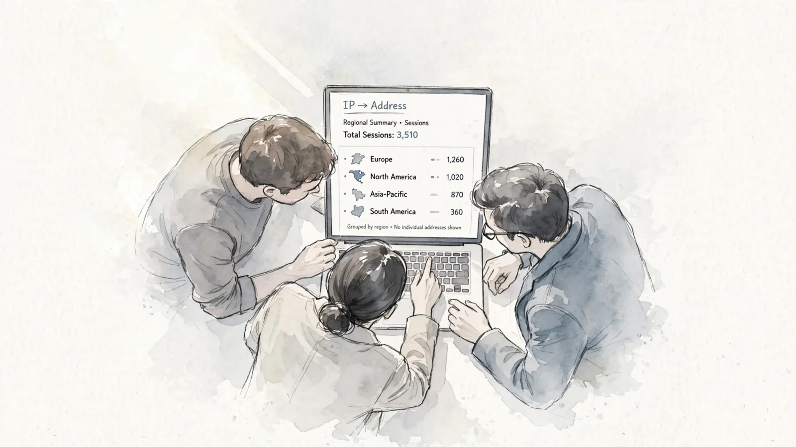A small marketing team reviews regional totals on an analytics screen with no raw IP values visible, showing how aggregate insights can be useful without displaying raw addresses.