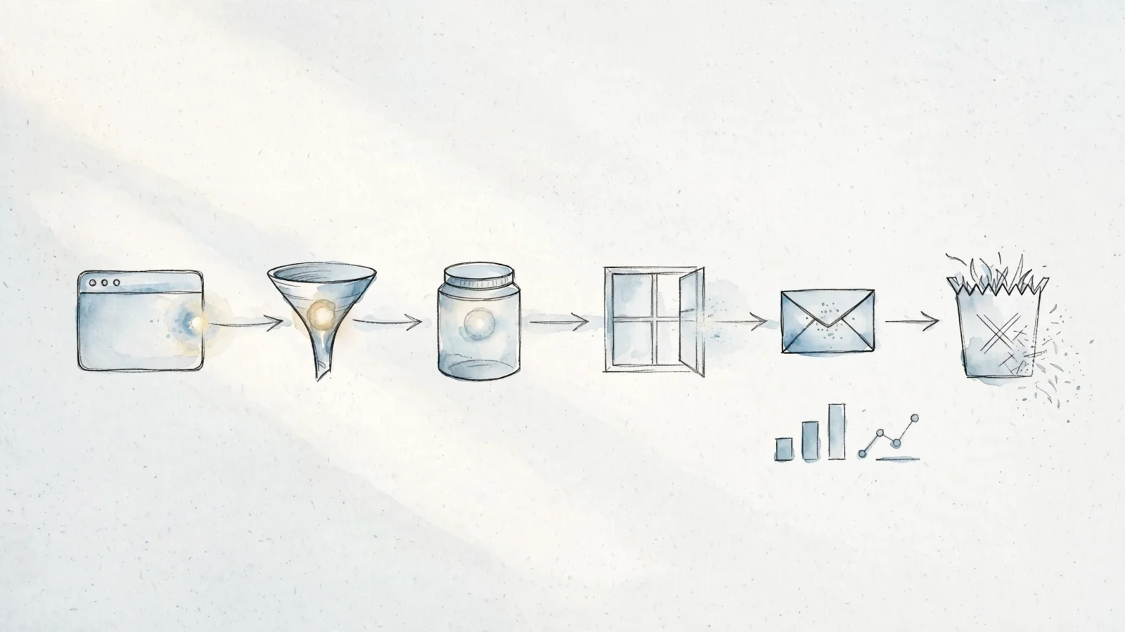 A wide editorial illustration follows a single analytics event from a browser through collection, storage, access, export, and deletion checkpoints, using clear arrows and no text.