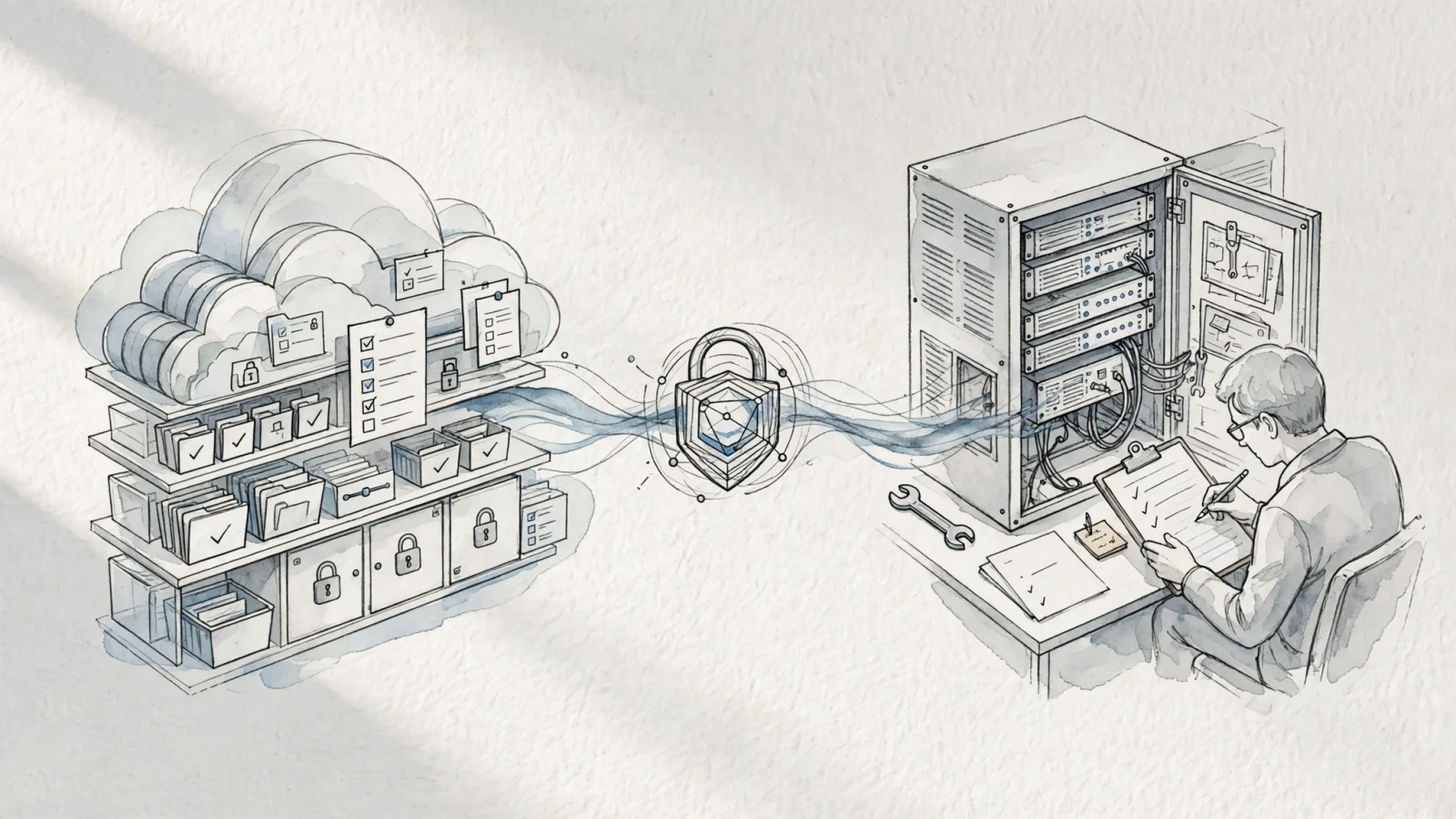 A split-scene editorial illustration contrasts a managed cloud analytics workspace with a self-hosted server environment, showing convenience on one side and operational responsibility on the other.