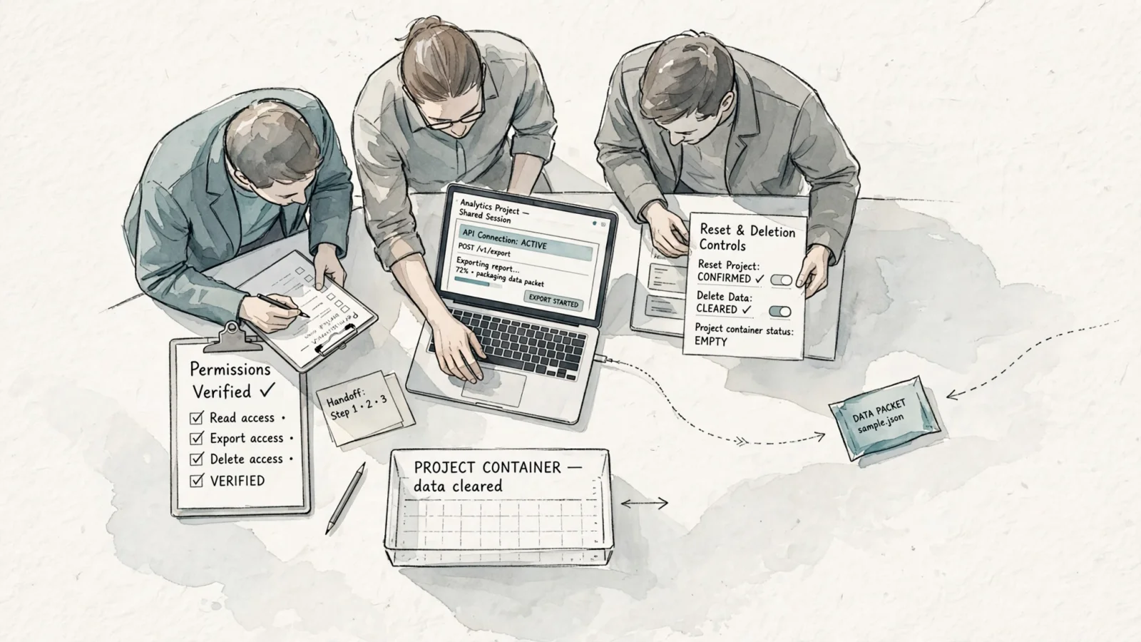 An agency team hands off a client analytics project while managing permissions, exporting a report, and deleting the project, illustrating ownership as an operational process.