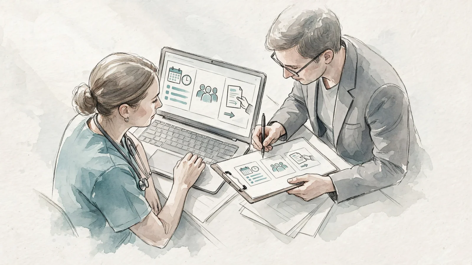 A nurse candidate comparing a hospital’s shift details, team story, and application path on a laptop while a recruiter reviews the same journey nearby.