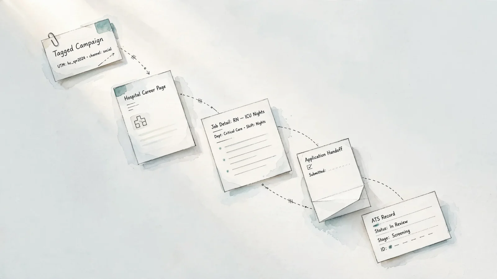 A clean editorial funnel illustration showing a tagged campaign moving through a career page, job detail, application handoff, and ATS outcome, with sensitive data visibly left out.