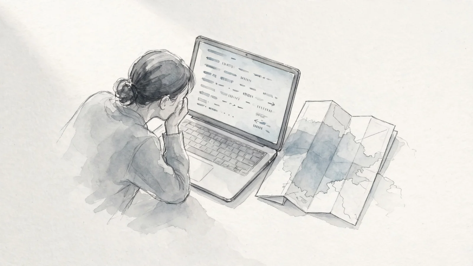 A reader compares a network record on a laptop with a broad, softly shaded region on a map and no street-level pin, showing that IP geolocation is an estimate; no text.