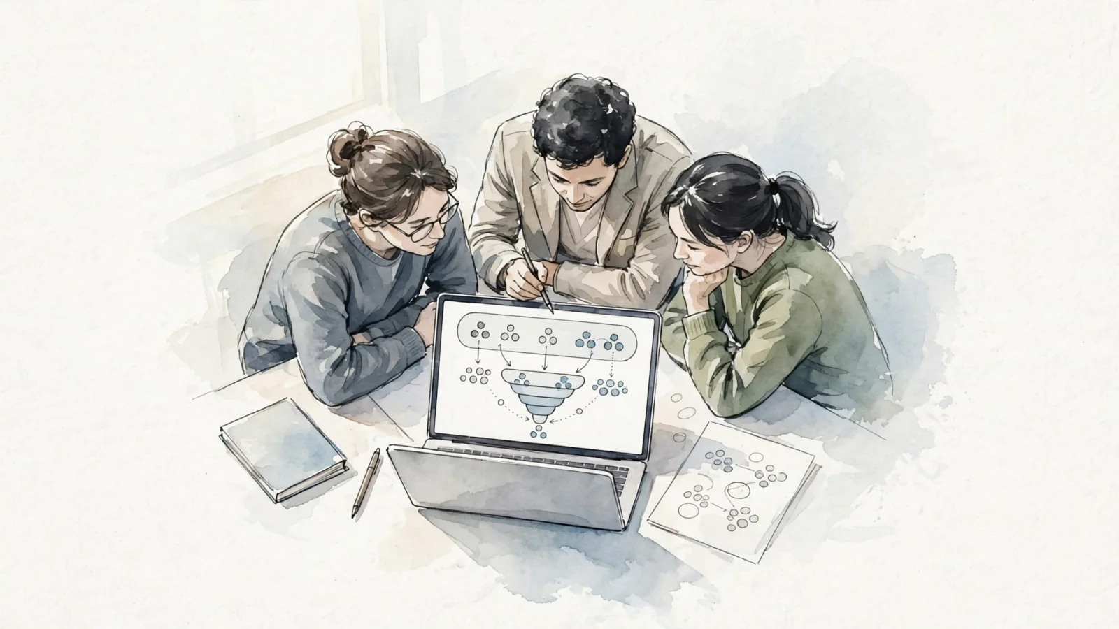 A small marketing team reviews an acquisition-to-signup funnel on a shared screen, seeing aggregate campaign and event patterns rather than individual IP data; use non-identifying interface elements and no legible text.