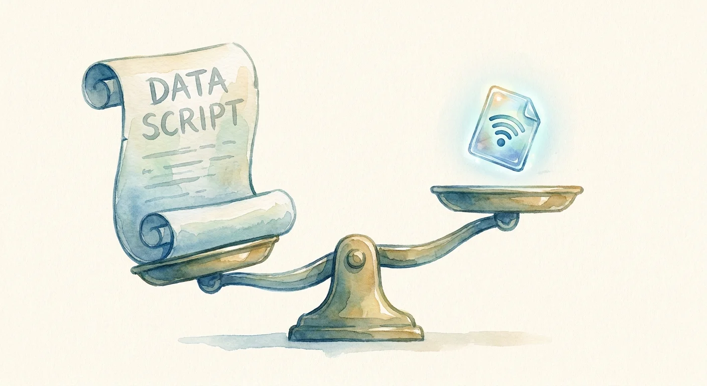 A split visualization showing a heavy weight scale tipping with a large data script, compared to a lightweight, floating digital packet.