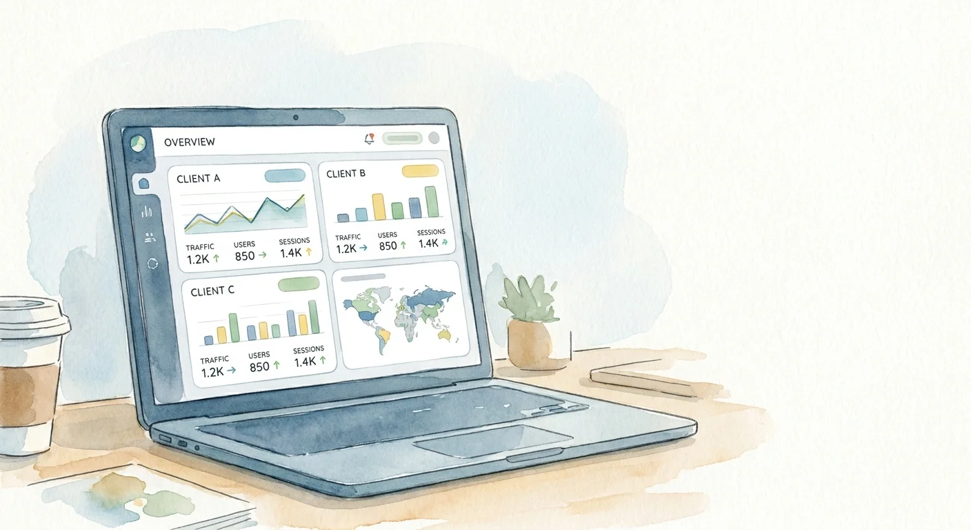 A clean, modern B2B white-labeled admin dashboard interface displayed on a laptop, showing isolated client traffic metrics.