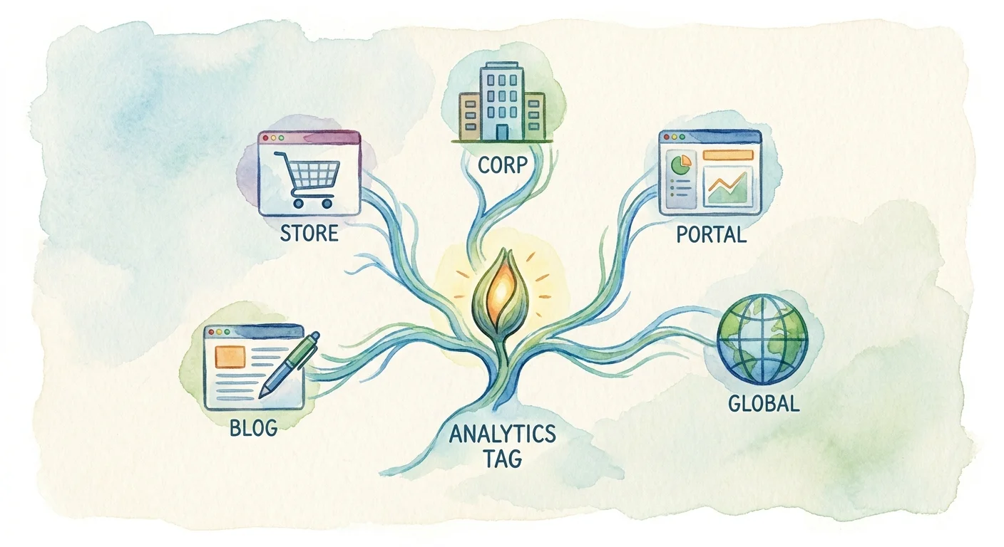 A digital flow diagram showing one central analytics tag feeding out to multiple distinct website properties and client portals.