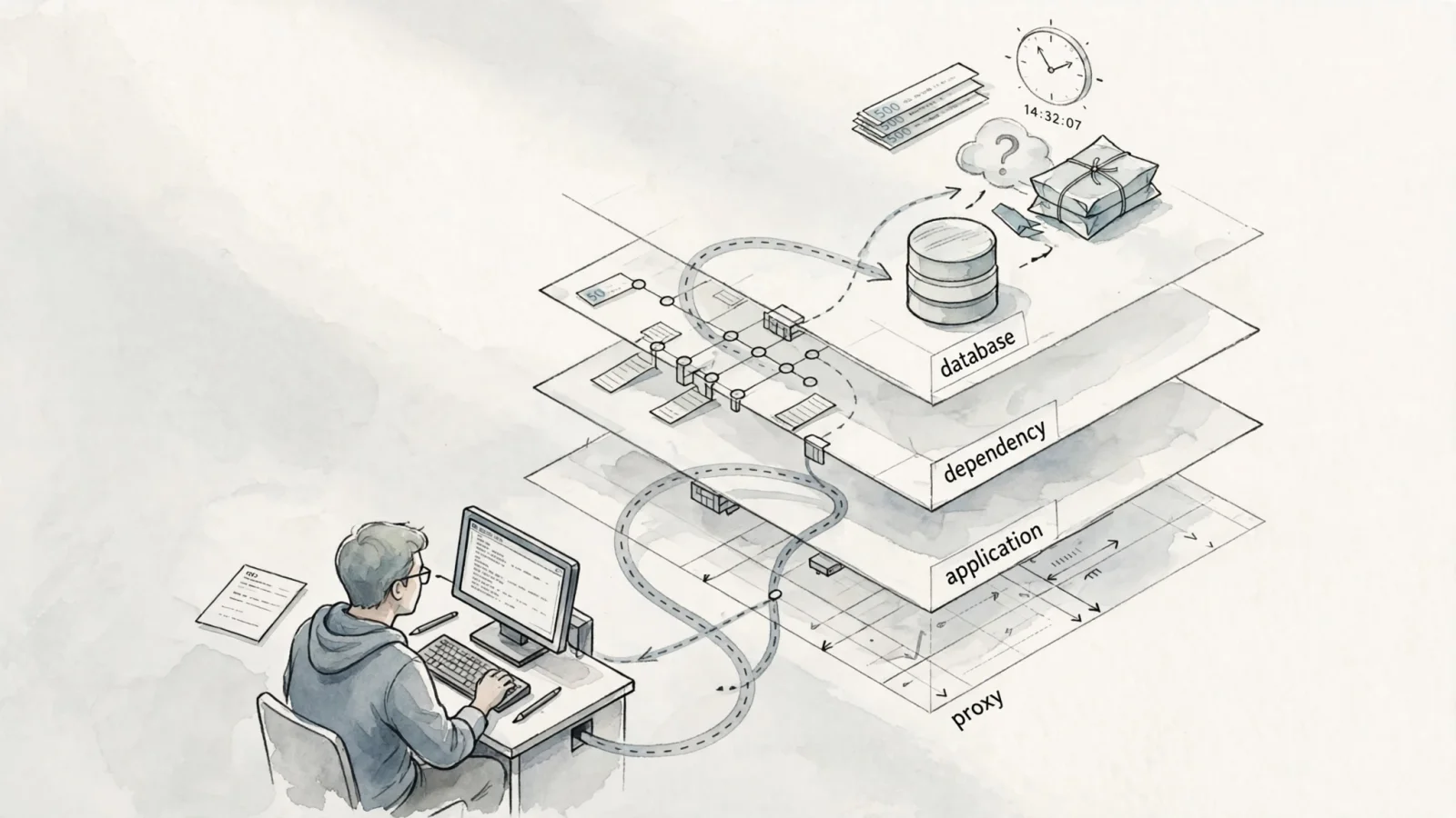 A calm engineer at a terminal correlating a curl response, timestamped logs, dependency signals, and a recent deployment across several layers; no readable text.