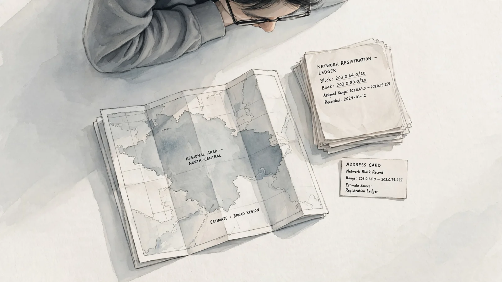 For the opening definition, show a reader looking at a map with a broad region shaded around an IP-associated area, not a precise home pin, to convey an estimate rather than an exact location.