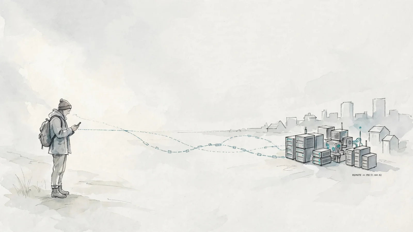 For the accuracy section, depict a traveler checking a phone while a VPN exit server sits in another city, making the difference between a person’s location and a network’s apparent location intuitive.