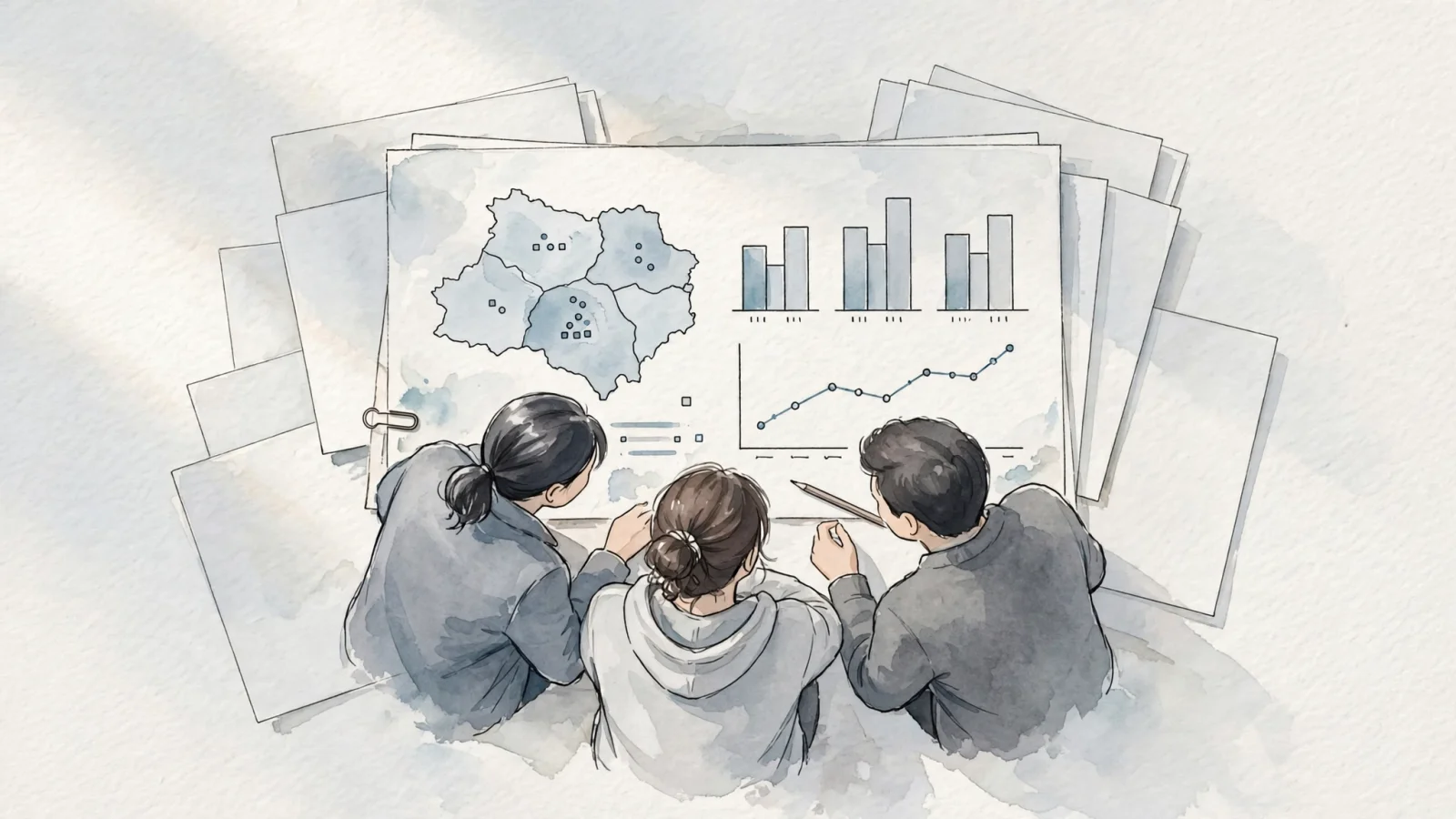 For the analytics section, show a small marketing team reviewing an aggregate dashboard that pairs visitor regions with referral and campaign trends, without individual profiles or legible interface text.