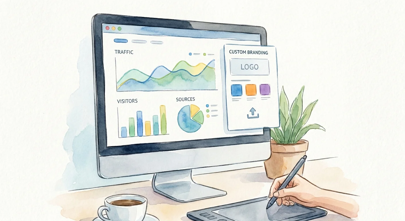 A sleek, modern web dashboard displaying colorful traffic charts alongside a customized branding palette interface.
