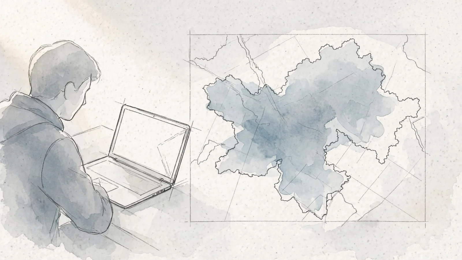 Show a visitor at a laptop beside a map shaded with a broad, soft regional area rather than a pin on a home, making approximate geolocation clear.