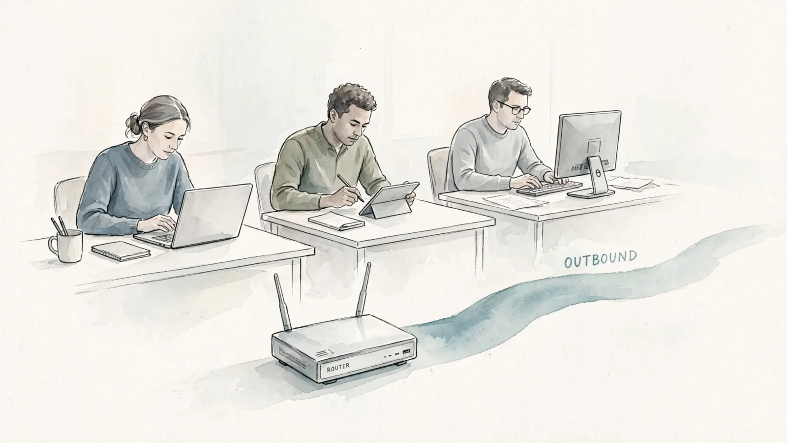Show several coworkers using different devices through one office router whose outward network signal appears as one path, illustrating how shared IPs can blur visitor counts.